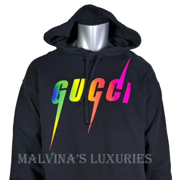 GUCCI MENS SWEATSHIRT BLACK COTTON HOODIE w BLADE LOGO sz L LARGE